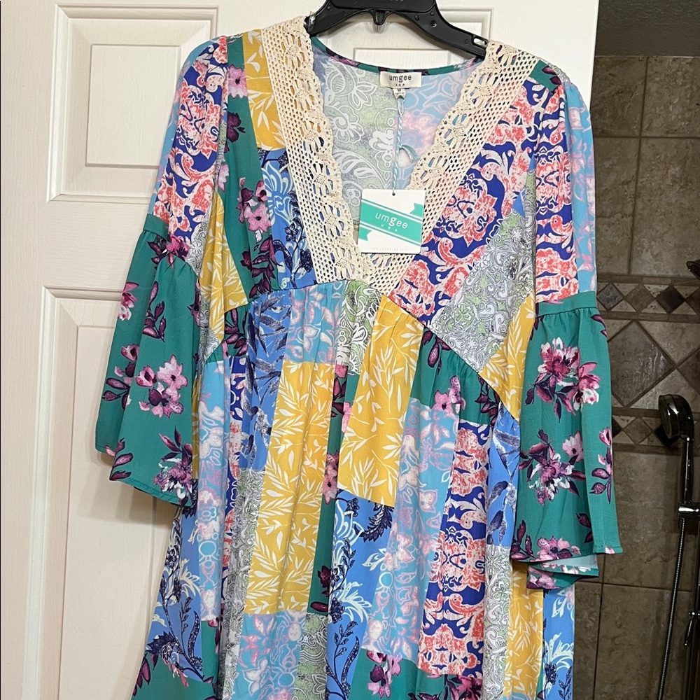 Umgee Multicolor Floral Patchwork Dress with Lace